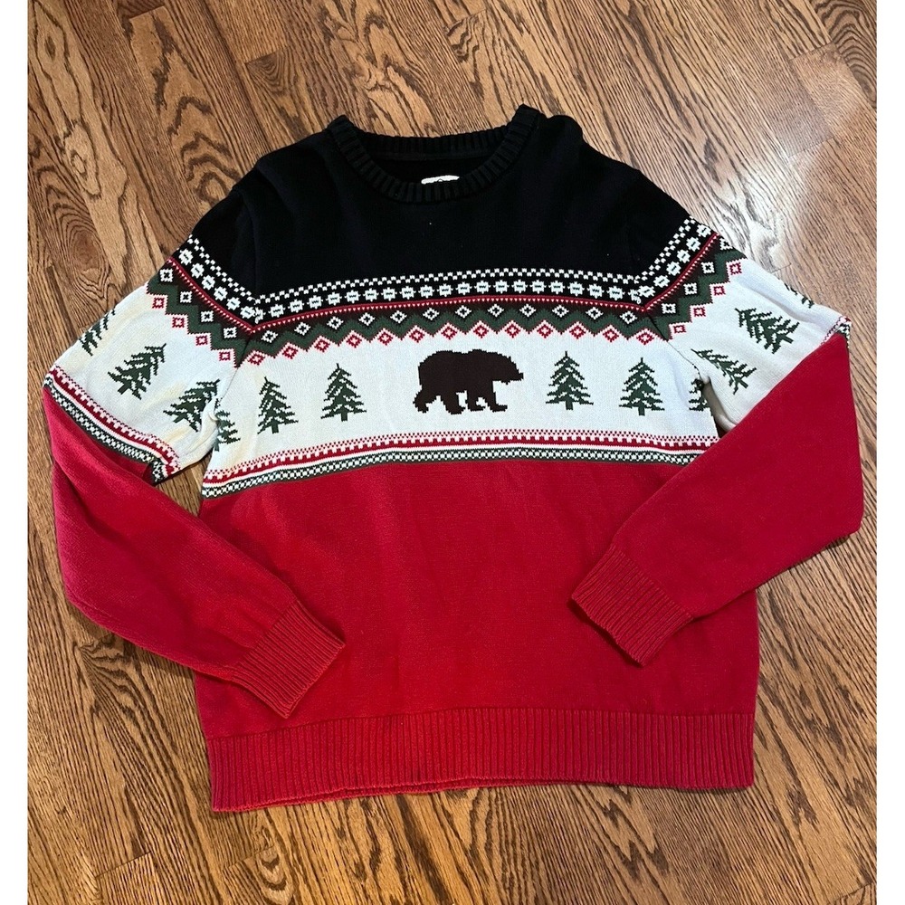 Christmas Sweater Black Red Holiday Bear Ugly Retro Vtg St John's Bay Mens Lg